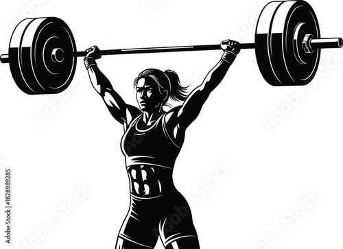 Woman lifting heavy barbell overhead black and white illustration woman, weightlifting, barbell, lifting, strength, fitness, athlete, exercise, sport, power, muscular, strong, training, competition, v