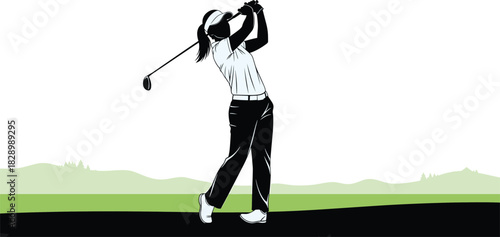 Silhouette of a woman golfer swinging a club on a green course golf, golfer, woman, female, sport, swing, club, athletic, activity, outdoors, green, black, white, silhouette, action, game, recreation,