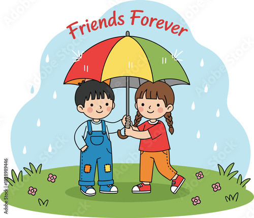 Cute boy and girl sharing a colorful umbrella in the rain with “Friends Forever” text, standing on grass in a cheerful cartoon illustration