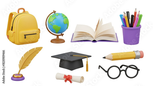 School supplies isolated on transparent background, including backpack, globe, book, pen holder and graduation cap