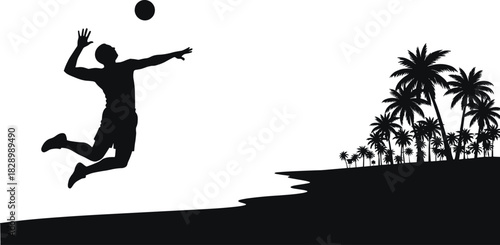 Silhouette of man playing volleyball on a tropical beach volleyball, beach, silhouette, man, jumping, hitting ball, palm trees, tropical, island, ocean, sand, sport, recreation, summer, vacation, athl