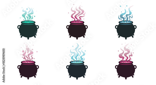 A spooky set of six witch cauldrons bubbling with colorful magical potions and sparkles for Halloween and wizard-themed designs.
