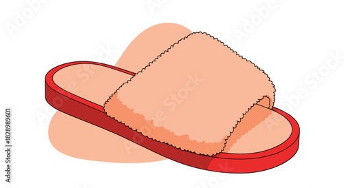 A cozy and fluffy pink and red slide slipper illustrated in a simple cartoon style against an abstract shape on a white background.