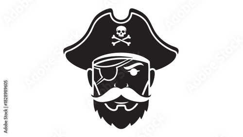 Monochrome graphic icon of a swashbuckling pirate captain's face with a beard and Jolly Roger hat, symbolizing a bold seafaring adventurer