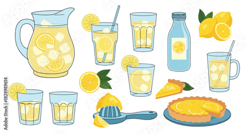 A delicious collection of hand-drawn lemonade elements including a pitcher glasses a pie lemons and a squeezer for a refreshing summer design.