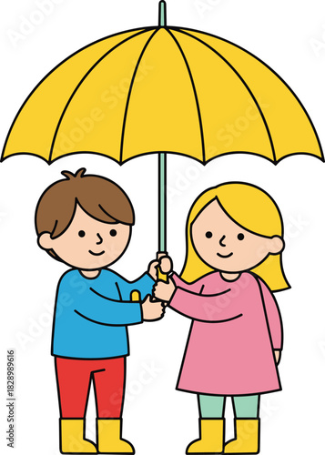 Cute boy and girl sharing a yellow umbrella while smiling together in a simple colorful cartoon illustration perfect for children’s educational themes