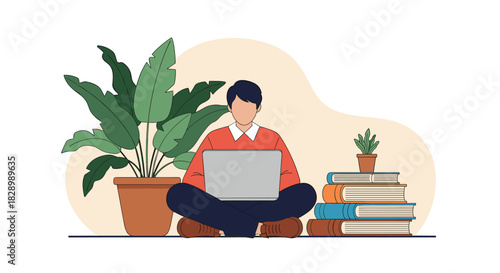 A faceless illustration of a young man sitting cross-legged on the floor studying or working remotely on a laptop with books and a plant.