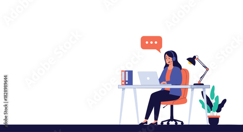 A professional female call center operator with a headset working at her desk providing customer support with copy space on the left.