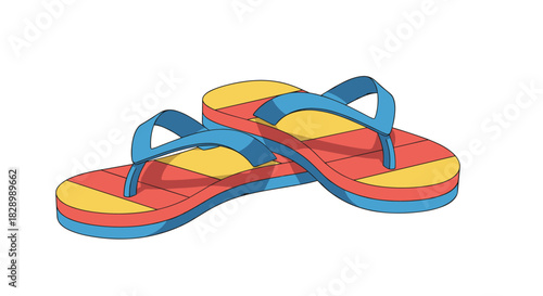 A colorful pair of striped beach flip-flops with red yellow and blue colors illustrated in a simple cartoon style for summer designs.