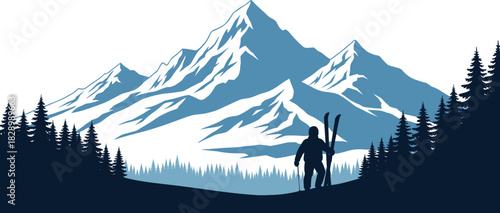 Silhouette skier stands on snowy mountain slope with pine trees skier, silhouette, mountain, snow, winter, pine tree, forest, landscape, outdoor, sport, recreation, adventure, travel, nature, cold, ic