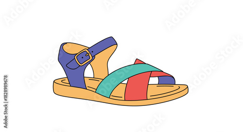 A colorful children's summer sandal with multi-colored straps and a buckle closure illustrated in a simple and cute cartoon style.