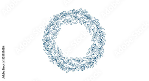 A beautifully detailed hand-drawn circular wreath of leaves and berries in a sophisticated blue line art style perfect for elegant branding.