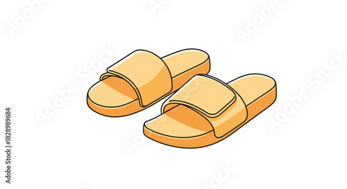 A simple and modern vector illustration of a pair of yellow slide sandals with an adjustable velcro strap for casual summer footwear.
