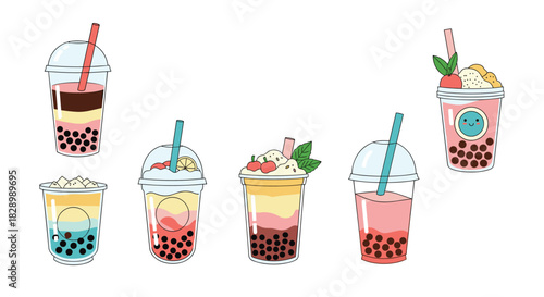 A delicious and colorful collection of various bubble tea or boba drinks in plastic cups with different flavors and toppings illustrated.