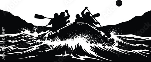Silhouettes of kayakers paddling through white water rapids kayaking, white water rafting, rapids, river, water, adventure, extreme sports, silhouette, black and white, action, motion, splashing, wave