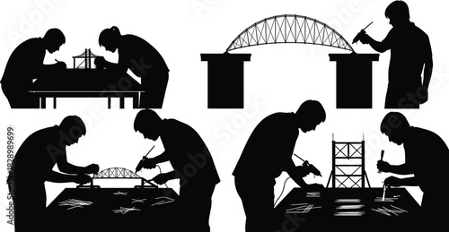 Silhouettes of people building bridge models with glue guns silhouette, people, building, bridge, model, construction, engineering, craft, hobby, teamwork, collaboration, learning, education, project,