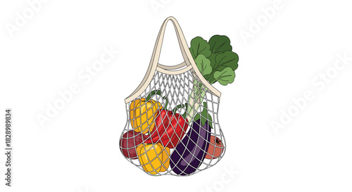 A reusable mesh grocery bag filled with fresh and colorful vegetables promoting a zero waste and sustainable healthy lifestyle concept.