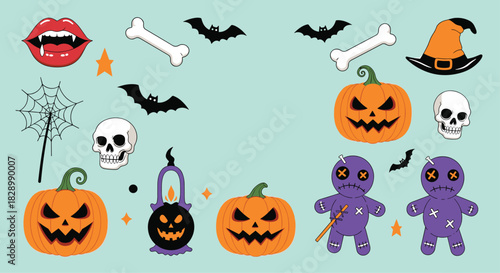 A fun and spooky collection of Halloween sticker-style elements including pumpkins skulls voodoo dolls and bats on a light blue background.