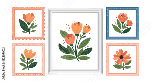 A beautiful collection of framed floral wall art with elegant orange flowers and green leaves perfect for interior home decor design.