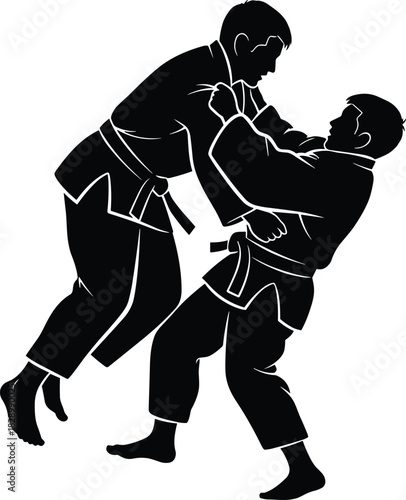 Two men grappling in martial arts uniforms judo karate, judo, karate, martial arts, combat, fight, wrestling, grappling, sport, competition, training, exercise, black and white, silhouette, graphic, i