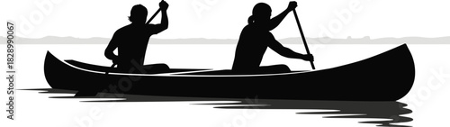 Two people paddling a canoe on water with distant hills, canoe, kayaking, paddling, boat, water, lake, river, people, silhouette, black and white, outdoor, recreation, sport, activity, travel, journey