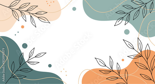 A modern abstract background with minimalist line art leaves and organic pastel shapes creating a calm and natural aesthetic with copy space.