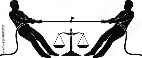 Two silhouetted figures in tug of war with scales of justice, tug of war, competition, conflict, struggle, strength, power, balance, justice, law, legal, fairness, equality, dispute, disagreement, opp