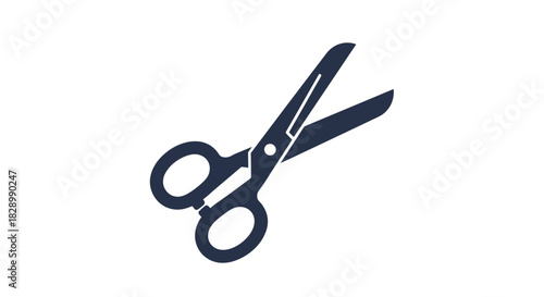 A simple and bold dark blue silhouette icon of a pair of scissors slightly open isolated on a clean white background design.