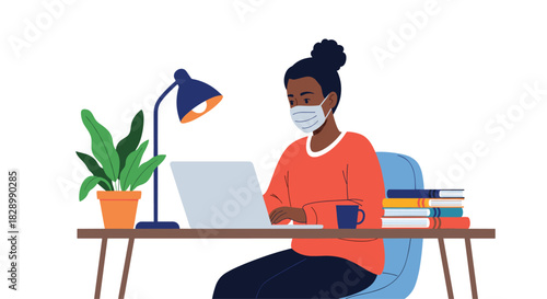 A black woman wearing a face mask while working or studying from home on a laptop at a desk with a plant and books.