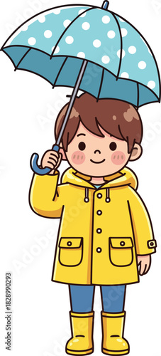 Cute cartoon boy wearing yellow raincoat holding polka dot umbrella, rainy day children illustration, flat vector weather design