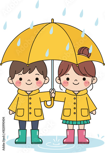 Cute children sharing a yellow umbrella in the rain wearing colorful raincoats and boots, adorable kids enjoying rainy weather illustration
