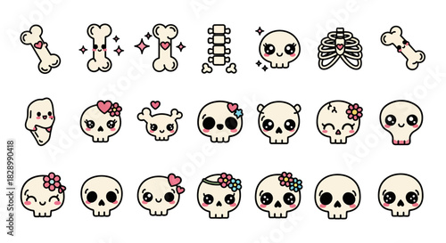 Cute Skull and Bone Collection - Kawaii Halloween Vector Art.
