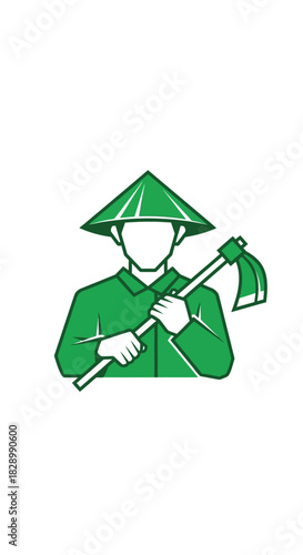 Green-clad farmer with conical hat holding a hoe, ready for agricultural work.