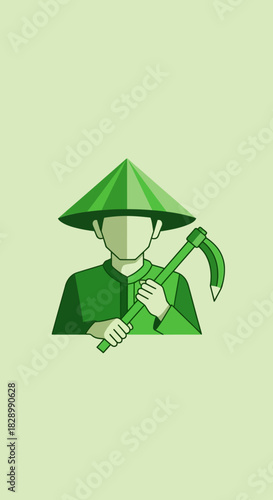 Green-clad farmer with traditional conical hat and hoe, minimalist illustration.