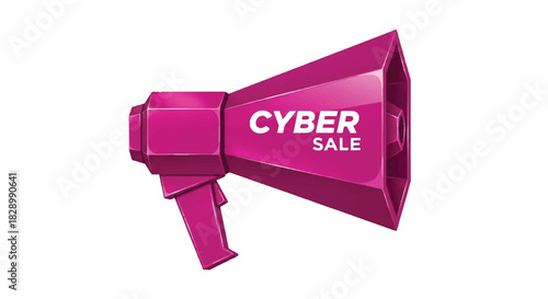 A vibrant pink megaphone with the text cyber sale, symbolizing a digital promotion or announcement. 3D vector illustration for online shopping