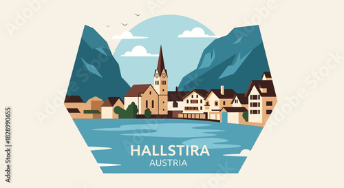 Hallstatt Austria Lakeside Village with Mountains and Church.