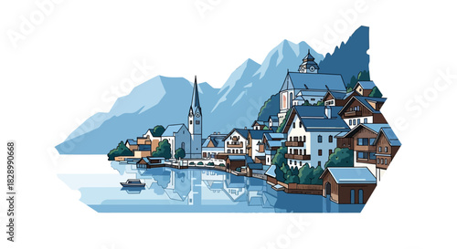 Hallstatt village in Austria with lake and mountains.