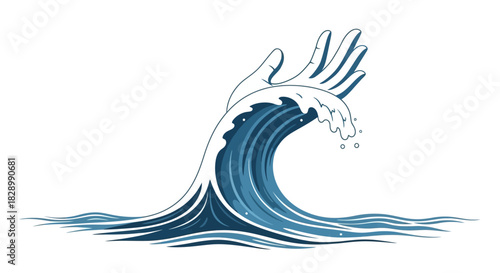 Hand reaching out from a powerful ocean wave, symbolizing help and rescue.