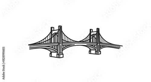 Hand-drawn illustration of a majestic suspension bridge spanning a wide river.