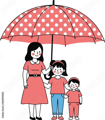 Cute mother with two children under polka dot umbrella, family love, rainy day protection, flat cartoon vector illustration design