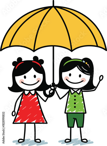 Cute doodle-style girls standing together under a yellow umbrella, smiling happily in a simple hand-drawn children’s illustration perfect for educational designs