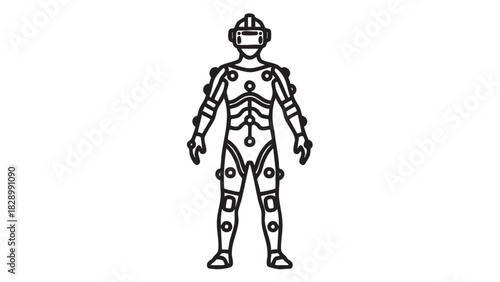 Stylized outline icon of a person wearing a virtual reality headset and body sensors for immersive digital interaction and advanced motion tracking technology