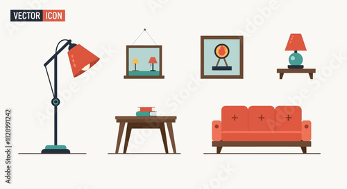 Living Room Furniture Set - Sofa, Lamps, Tables, and Wall Decor.