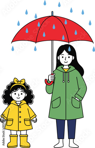 Mother and daughter under red umbrella in rain, cute family illustration, rainy day protection, flat cartoon vector design