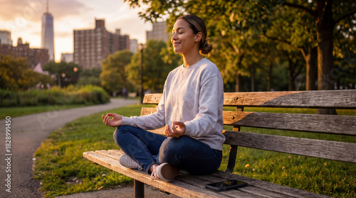 Serene afternoon in Brooklyn Bridge Park finds woman meditating on a park bench