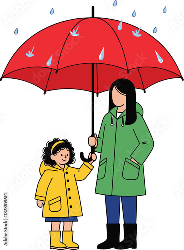 Mother and little girl sharing red umbrella in rain, family protection concept, cute flat cartoon rainy weather illustration