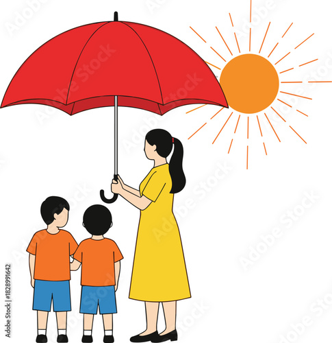 Mother holding a red umbrella to protect two children from the hot sun, standing together in a simple colorful cartoon illustration