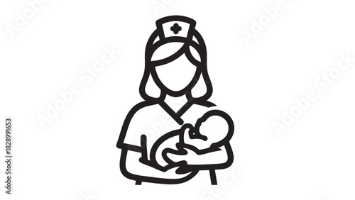 Nurse holding newborn baby icon, representing healthcare and caregiving. Healthcare worker symbol