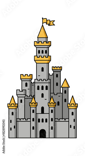 Majestic fairytale castle with golden turrets and flag.
