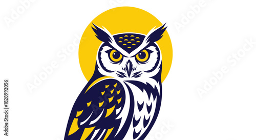 Majestic great horned owl with piercing yellow eyes against a full moon.